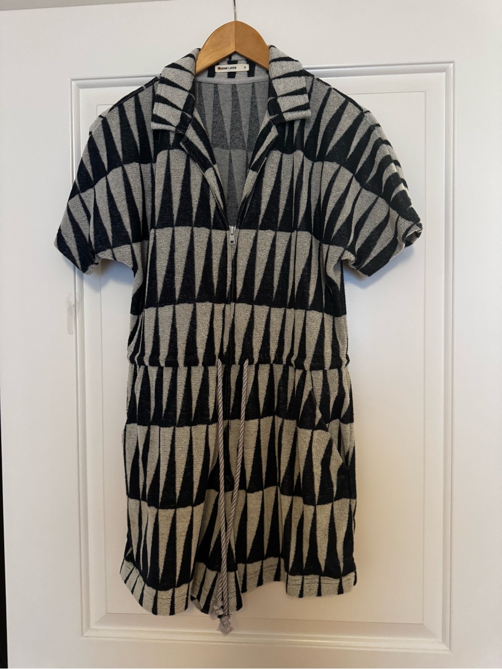 Marine Layer Black and Cream Geometric Zip-Up Sweater Romper